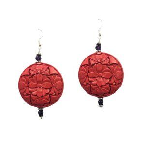 Tigerstars Gorgeous Cinnabar Red Round Floral Pendant Dangling Earrings